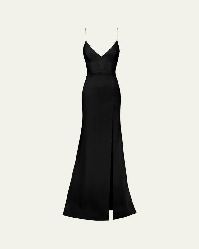V-Neck Sleeveless Lace-Trim Satin Crepe Trumpet Gown